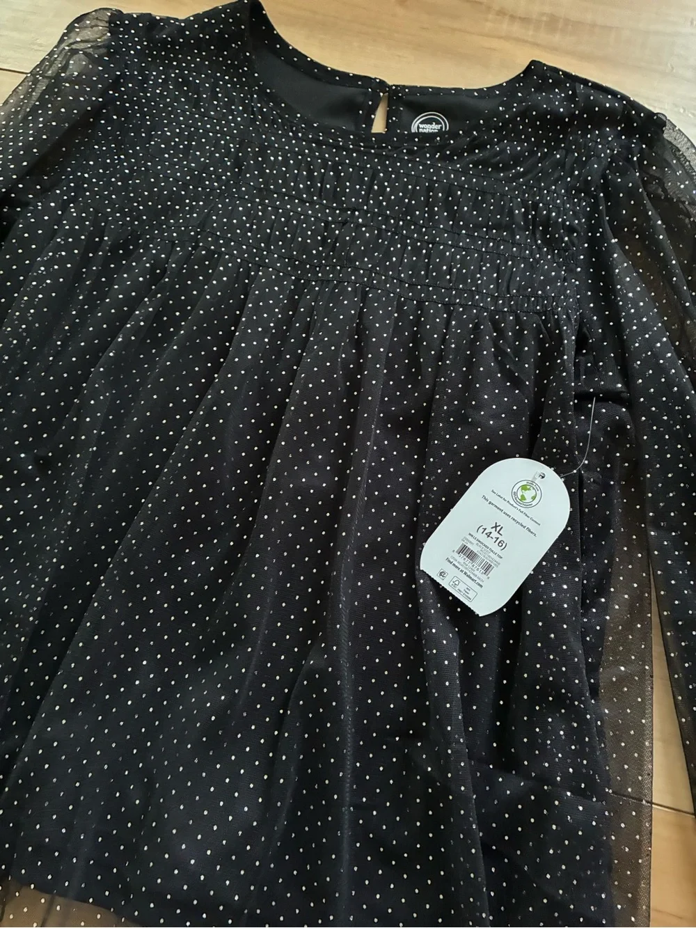 wonder nation Black Long Sleeve Mesh Top with silver shimmer Detail